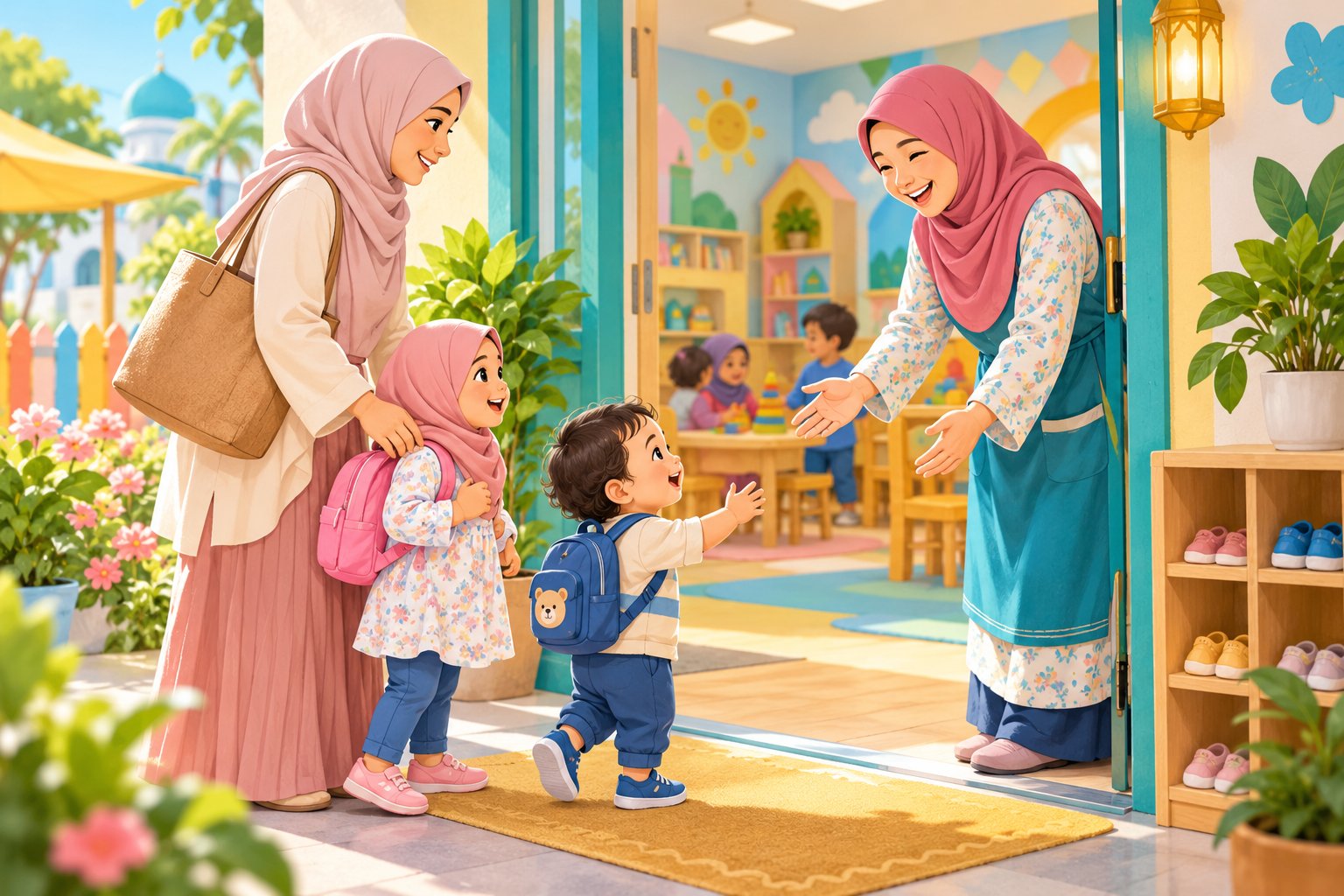 Ilustrasi keluarga menyemak lokasi daycare
