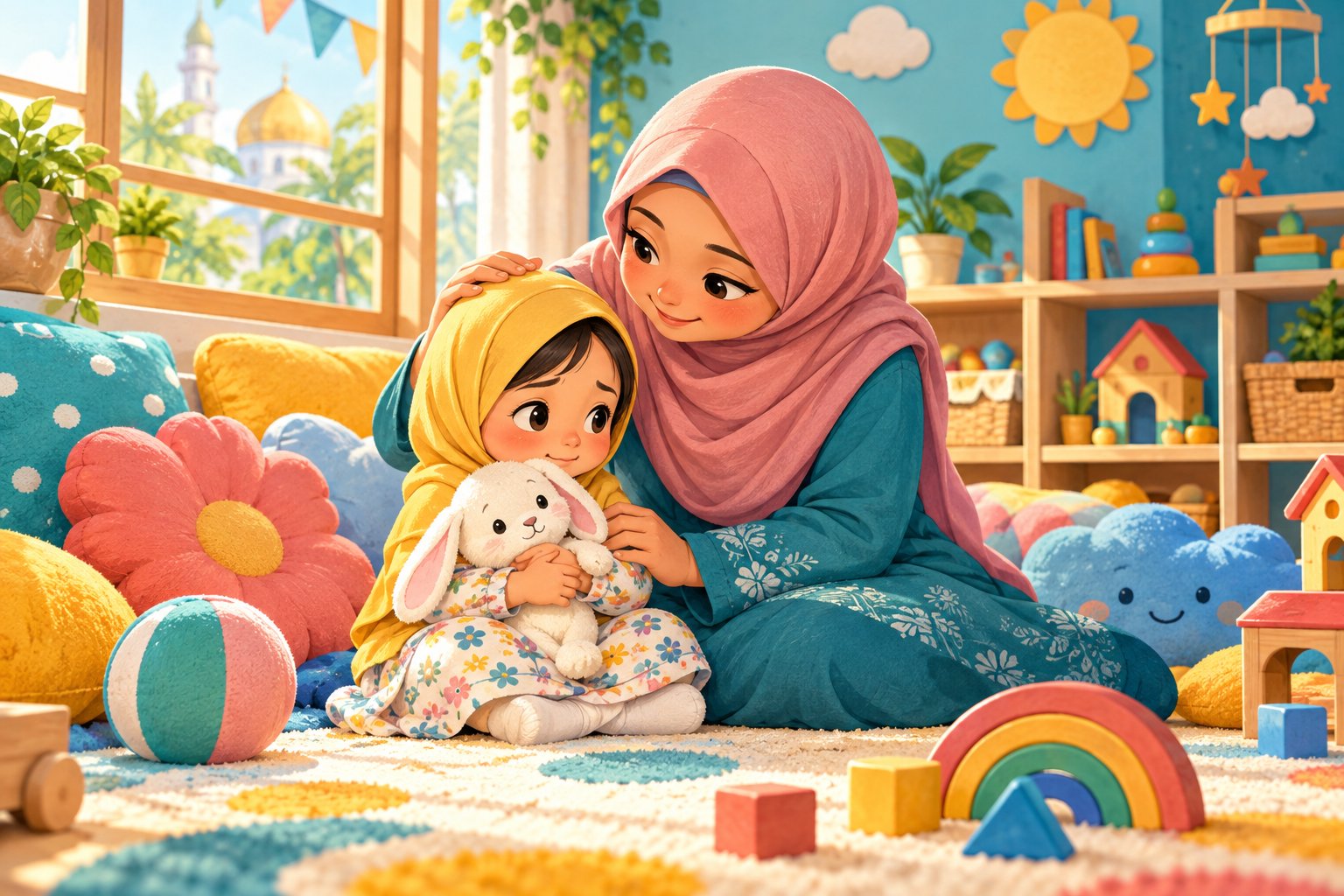 Ilustrasi keluarga dan penjaga membantu anak berasa selesa