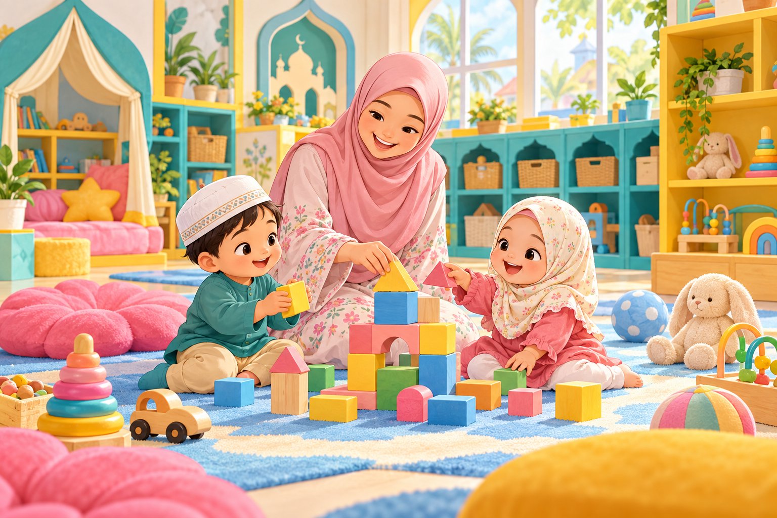 Ilustrasi ruang pembelajaran daycare yang ceria