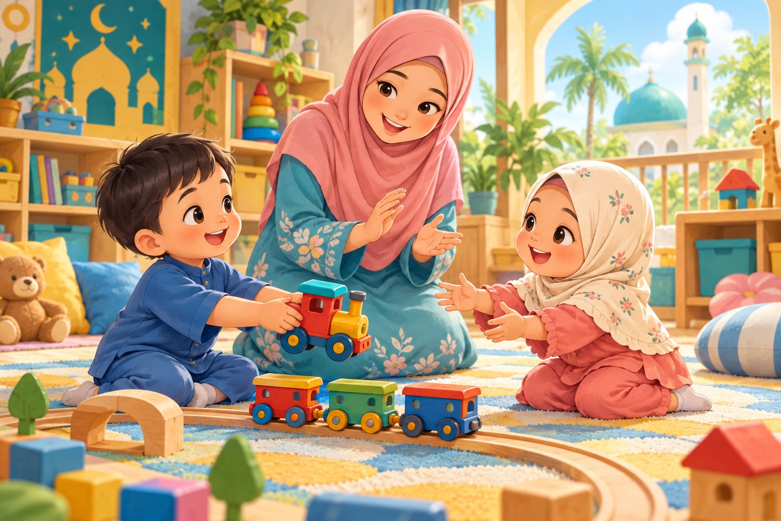 Ilustrasi anak-anak berkongsi permainan