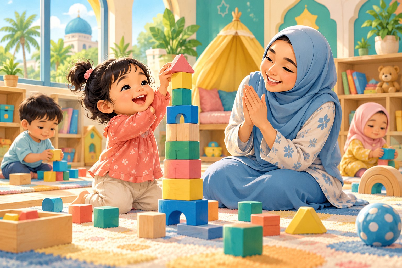 Ilustrasi kanak-kanak mencuba aktiviti dengan yakin