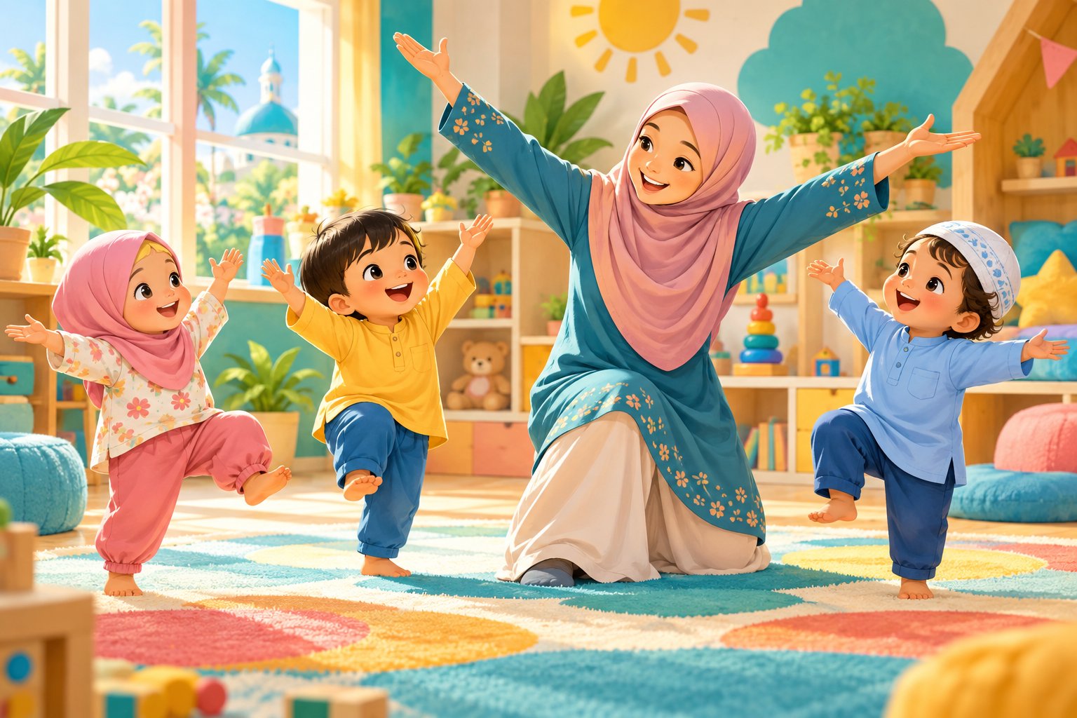 Ilustrasi kanak-kanak bergerak dan bermain bersama