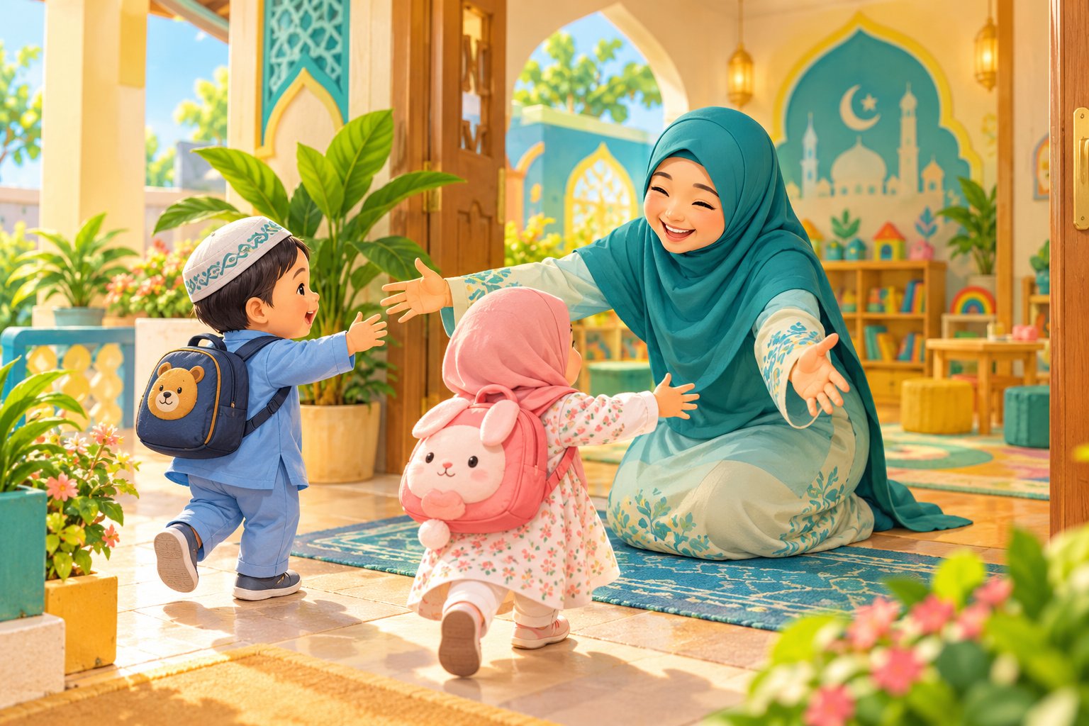 Ilustrasi suasana penjagaan yang lembut dan mesra kanak-kanak