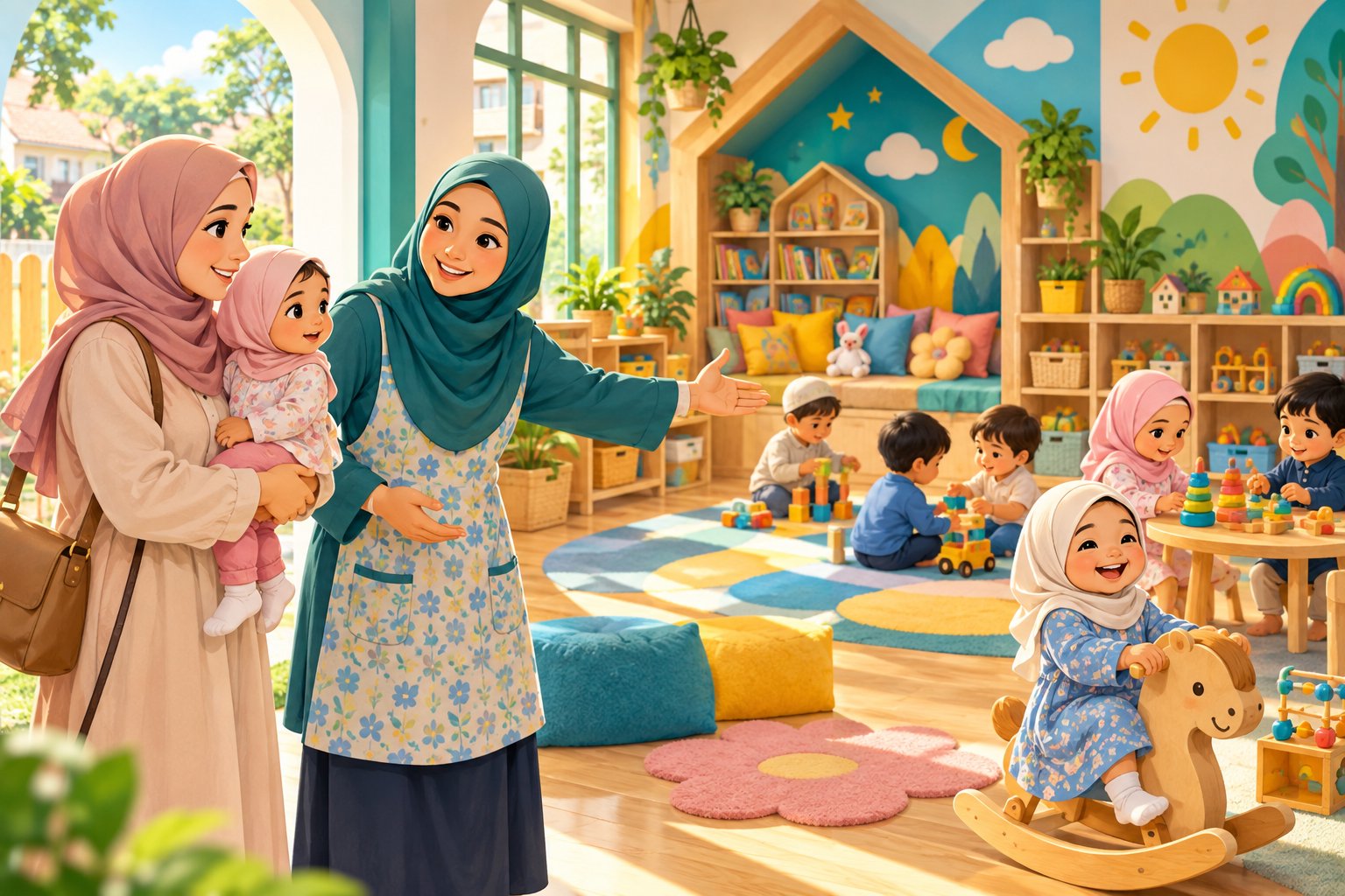 Ilustrasi ibu bapa bertanya soalan tentang penjagaan anak