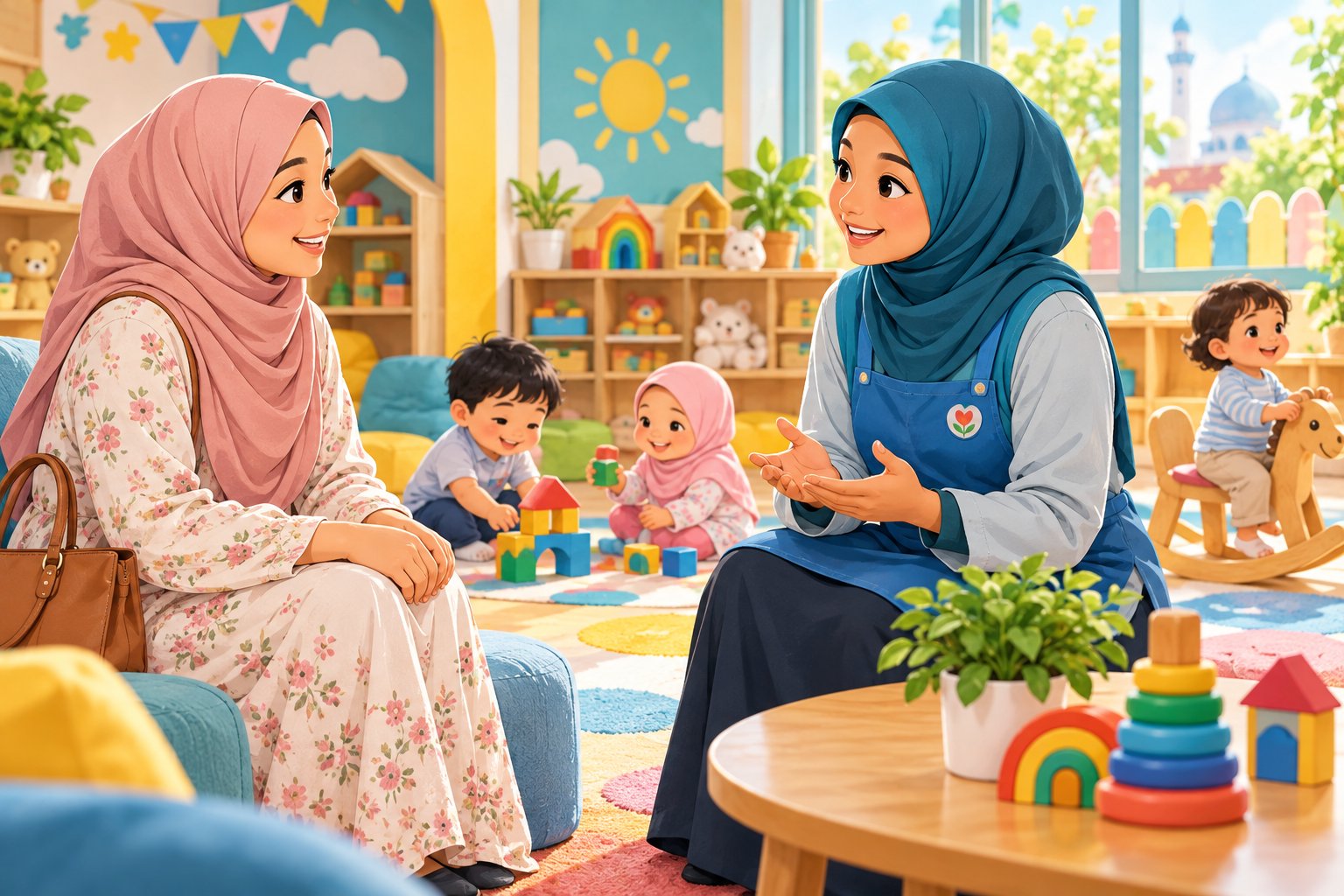 Ilustrasi ibu bapa berbincang dengan penjaga