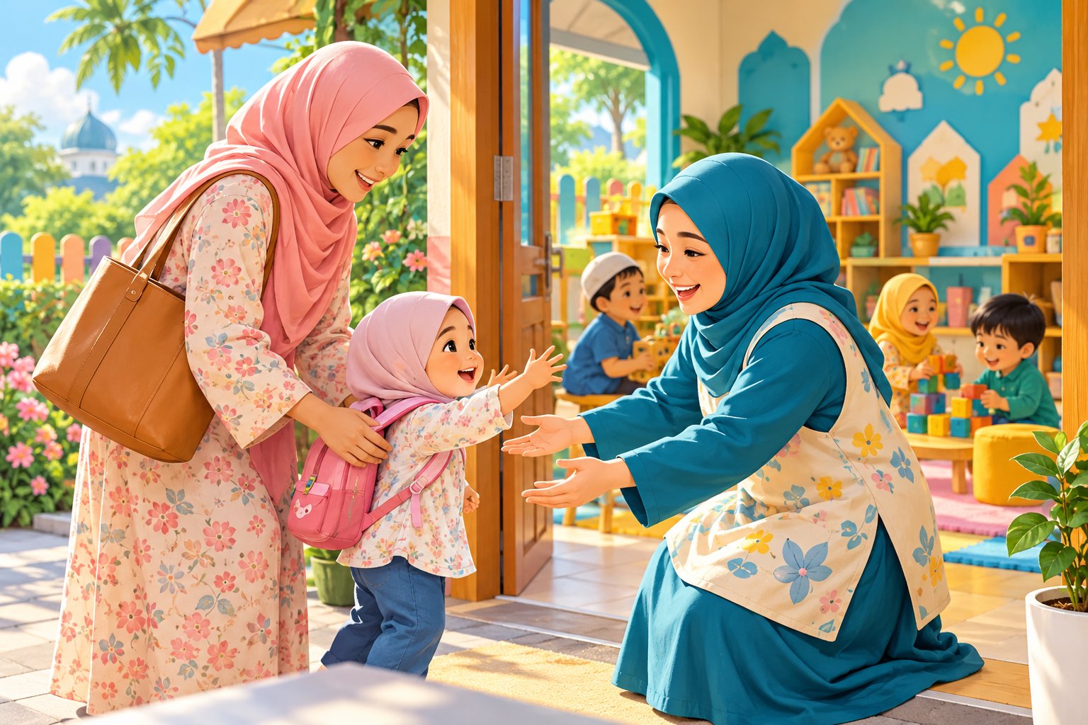 Ilustrasi anak mengenali ruang penjagaan bersama penjaga