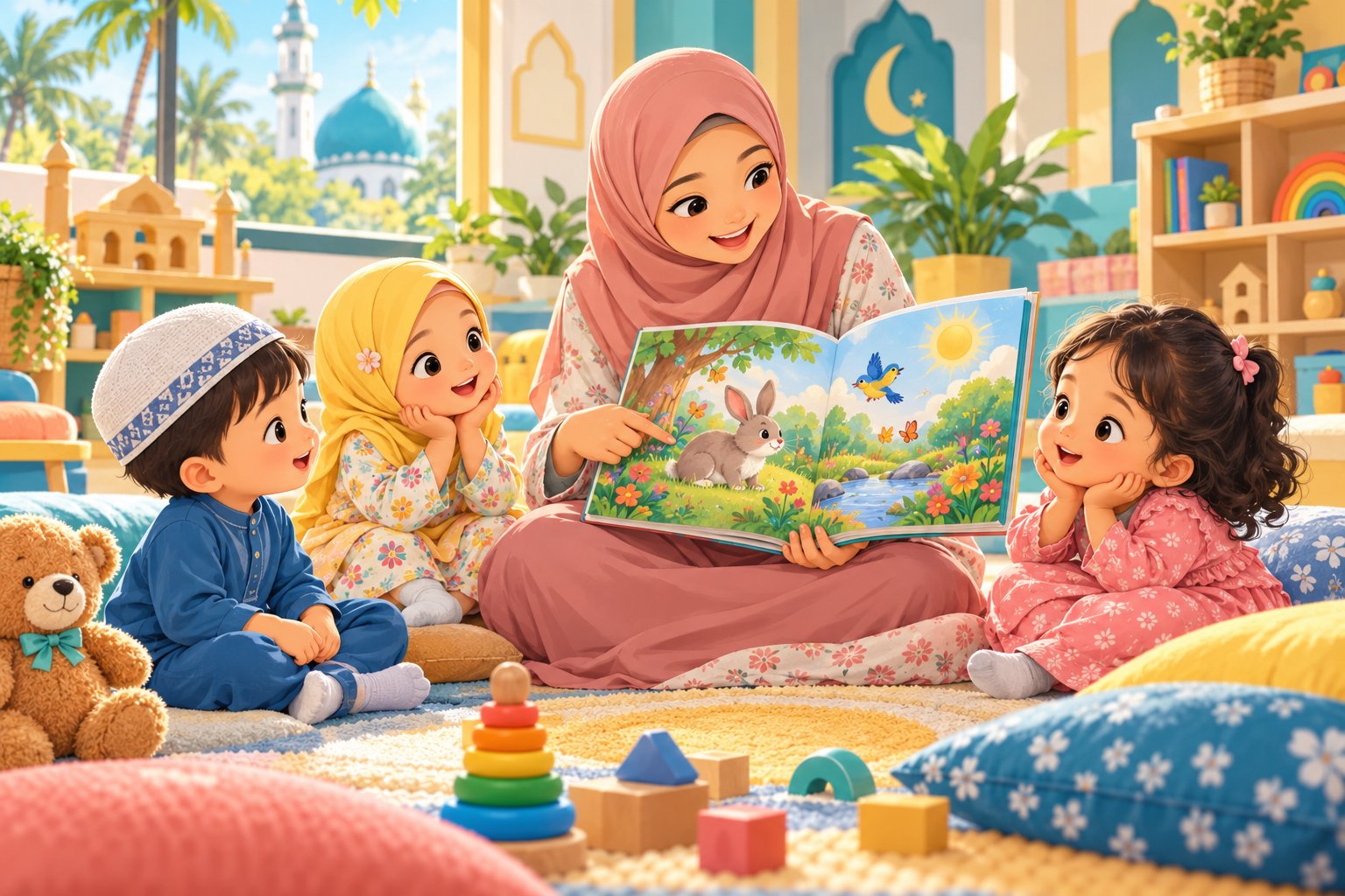 Ilustrasi anak menikmati buku cerita bersama penjaga