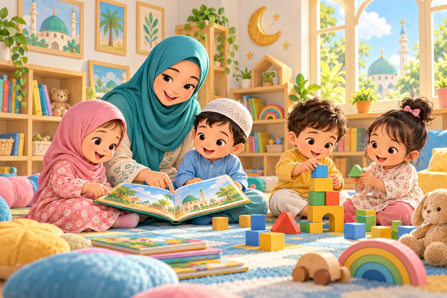 Ilustrasi penjaga Muslimah bersama kanak-kanak dalam suasana daycare